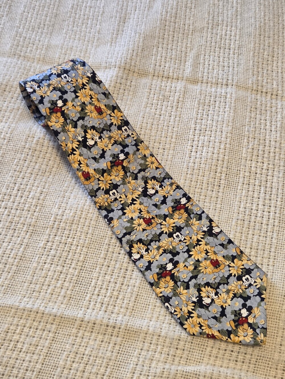 Disney Silk Floral Tie Mickey Mouse Italy Made Multicolor Lavender Yellow Black